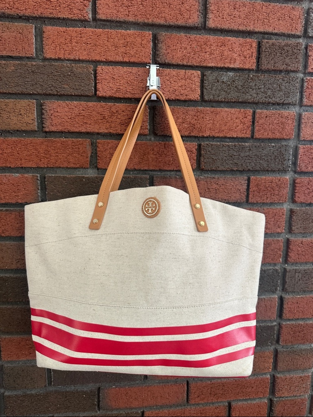 Tory Burch Leather-Handle Canvas Tote Bag with Red Stripe